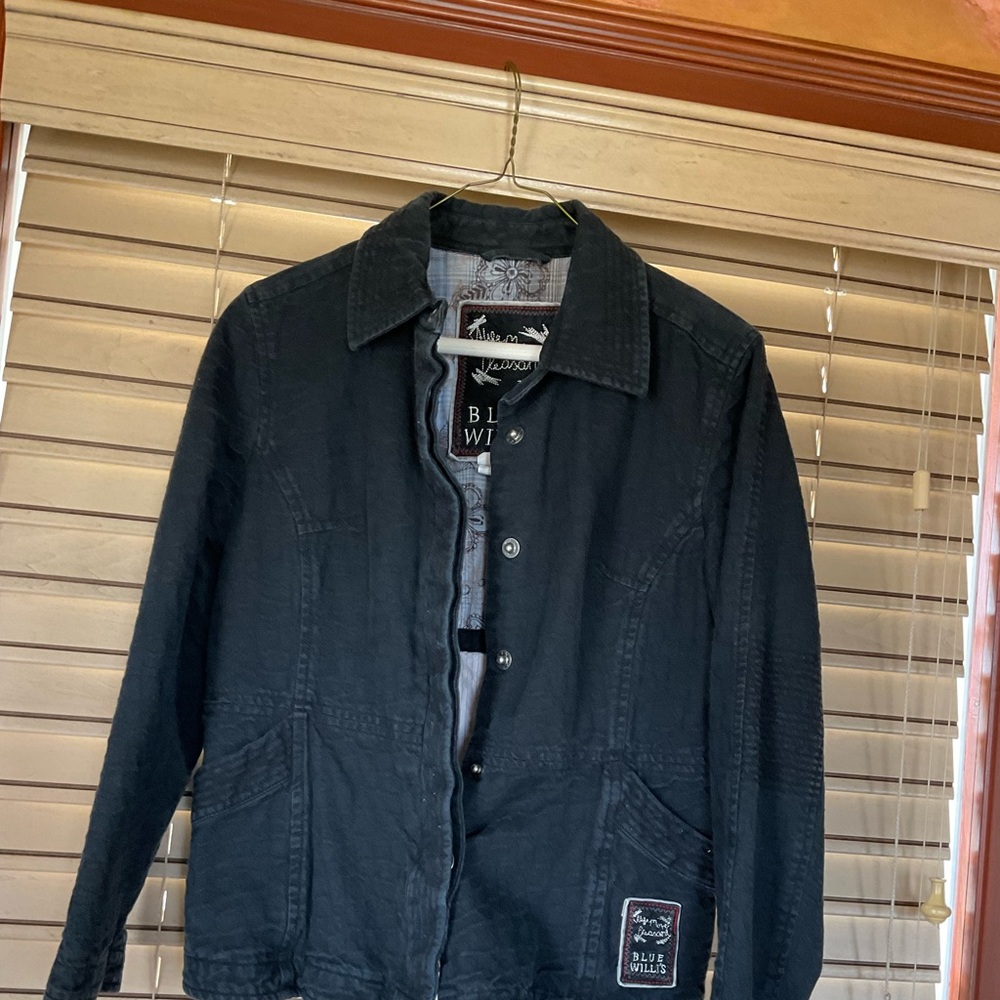 Blue Willi’s denim jacket. Hidden snap placket.